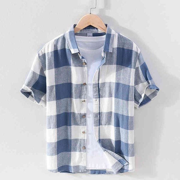 big plaid short sleeve shirt for men cotton linen casual turn-down collar summer new male button up hemp shirt 210421, White;black
big plaid short sleeve shirt for men cotton linen casual turn-down collar summer new male button up hemp shirt 210421, White;black