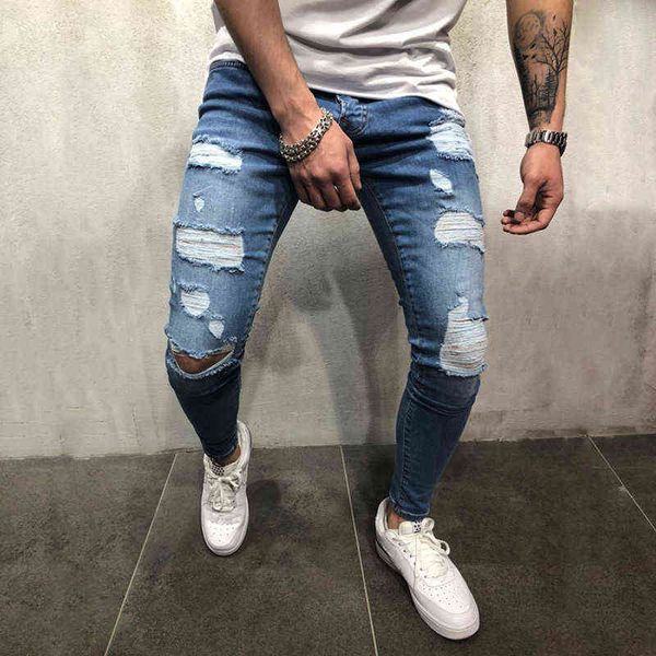 men's jeans high street men's slim and small foot scraped jeans, Blue