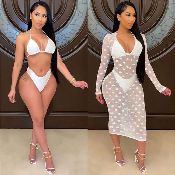 women's swimwear 3pcs women swimsuit set polka dot print deep v-neck bikini+panties+see-through mesh cover ups beach wear biquinis, White;black
women's swimwear 3pcs women swimsuit set polka dot print deep v-neck bikini+panties+see-through mesh cover ups beach wear biquinis, White;black