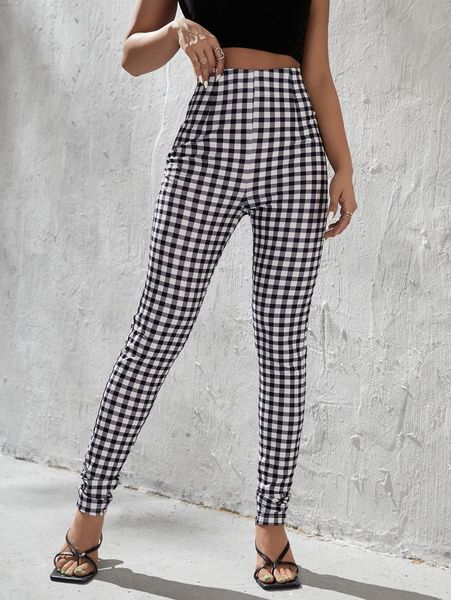 petite gingham print skinny pants 42hx#, Black;white