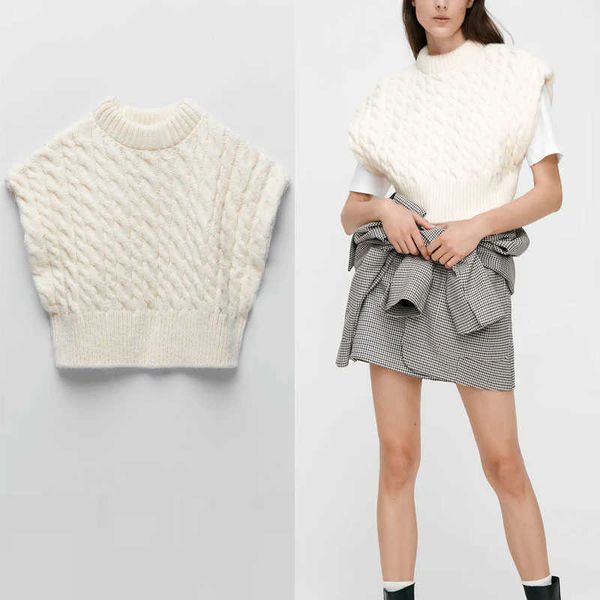 za cable knit cropped vest women sleeveless o neck white knitted female chic ribbed loose vintage sweater 210602, White;black
za cable knit cropped vest women sleeveless o neck white knitted female chic ribbed loose vintage sweater 210602, White;black