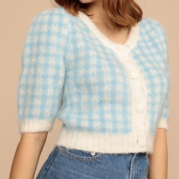 women's knits & tees 2021 women plaid mohair knitted sweater cardigan single-breasted ladies vintage short knitwear, White
women's knits & tees 2021 women plaid mohair knitted sweater cardigan single-breasted ladies vintage short knitwear, White
