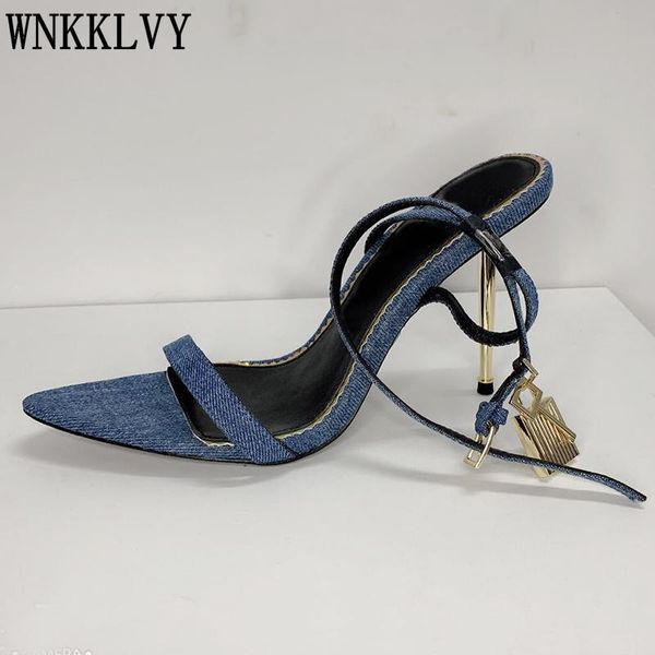 sandals 2021 pointed toe high heel women blue denim narrow band metal lock decor ankle strap sandalias summer party shoes, Black
sandals 2021 pointed toe high heel women blue denim narrow band metal lock decor ankle strap sandalias summer party shoes, Black