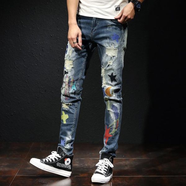 fashion streetwear men jeans printed embroidery designer elastic ripped punk pencil pants korean hip hop skinny men's, Blue
fashion streetwear men jeans printed embroidery designer elastic ripped punk pencil pants korean hip hop skinny men's, Blue