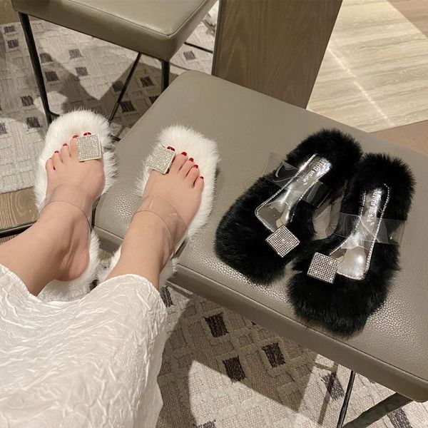 slippers ladies fur sandals transparent diamond high heels designer slippery open toe real slides for summer, Black
slippers ladies fur sandals transparent diamond high heels designer slippery open toe real slides for summer, Black