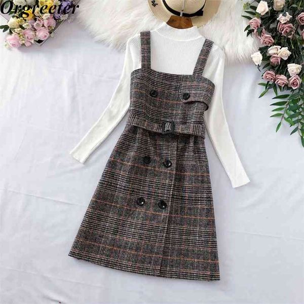 autumn winter long sleeves knitted pullover + tweed blend plaid short dress 2 piece sets women outfits with belt 210602, Black;gray
autumn winter long sleeves knitted pullover + tweed blend plaid short dress 2 piece sets women outfits with belt 210602, Black;gray