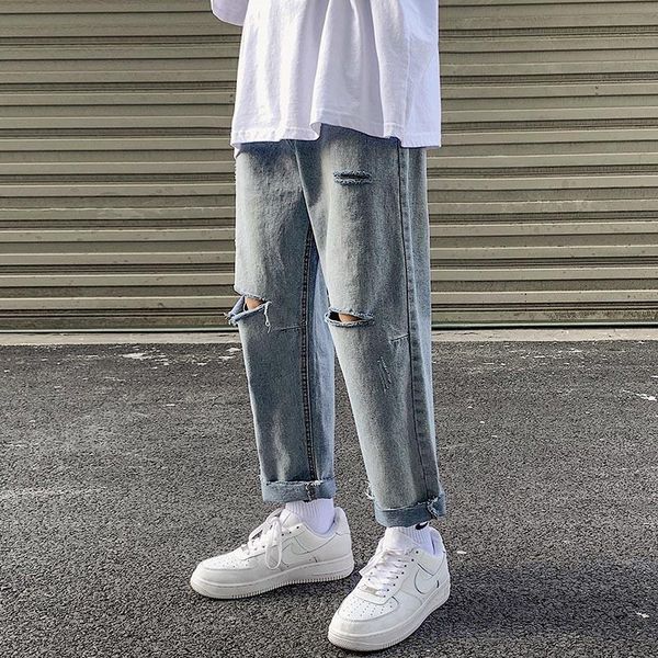 men's jeans knee ripped cropped straight retro fashion brand hip-hop street all-match loose distressed pants, Blue
men's jeans knee ripped cropped straight retro fashion brand hip-hop street all-match loose distressed pants, Blue