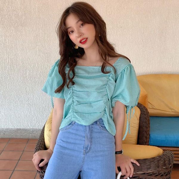 women's blouses & shirts matakawa green plaid ladies square collar drawstring fold irregular bandage puff sleeve blusas crop women, White
women's blouses & shirts matakawa green plaid ladies square collar drawstring fold irregular bandage puff sleeve blusas crop women, White