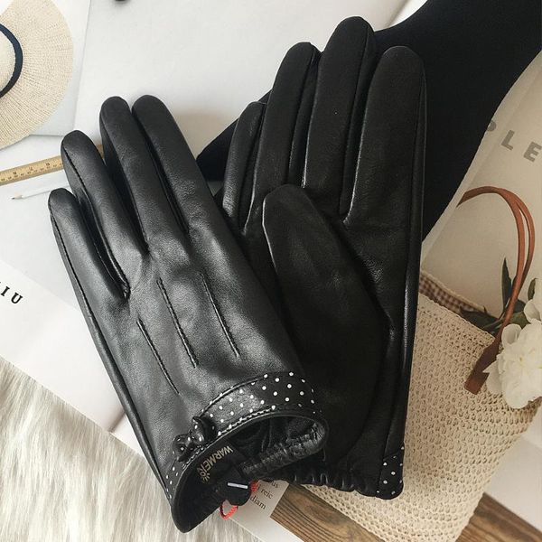 five fingers gloves real leather female warm driving non-slip butterfly knot sheepskin thin touchscreen women l18015nn, Blue;gray
