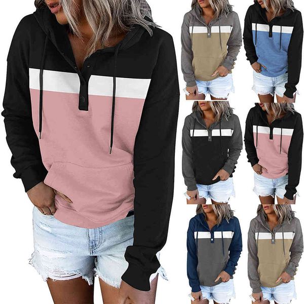 women's 2021 autumn winter new casual hoodie color matching button collar sweater women's, Blue;black
women's 2021 autumn winter new casual hoodie color matching button collar sweater women's, Blue;black
