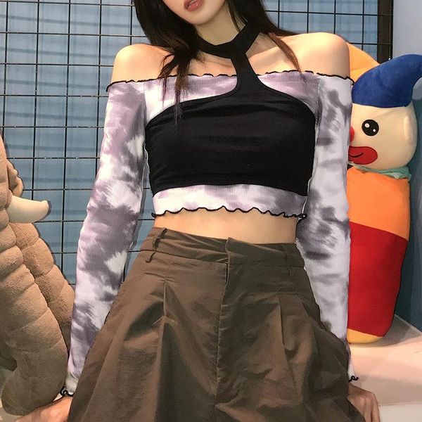 women's t-shirt 2021 summer fashion halter crop long sleeve off shoulder color block patchwork t shirts, White
women's t-shirt 2021 summer fashion halter crop long sleeve off shoulder color block patchwork t shirts, White