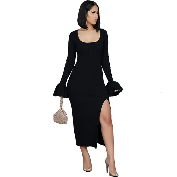 elegant solid women bell long sleeves casual es side high split scoop neck mid calf sheath fashion party autumn two colors, Black;gray
elegant solid women bell long sleeves casual es side high split scoop neck mid calf sheath fashion party autumn two colors, Black;gray