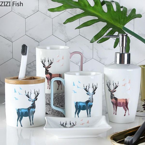 bath accessory set deer pattern ceramics glass bathroom supplies six-piece toothbrush holder lotion bottle european style kit 
bath accessory set deer pattern ceramics glass bathroom supplies six-piece toothbrush holder lotion bottle european style kit