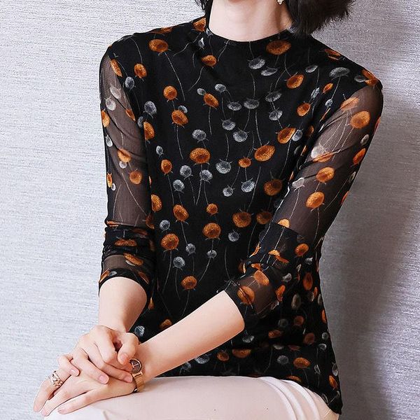 women's t-shirt velvet printed lace half high neck bottoming shirt floral elastic mesh long-sleeved korean fashion blusa, White
women's t-shirt velvet printed lace half high neck bottoming shirt floral elastic mesh long-sleeved korean fashion blusa, White