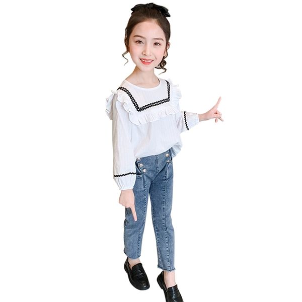 girls clothes blouse + jeans suit for patchwork outfit casual style childrens school clothing 210528, White
girls clothes blouse + jeans suit for patchwork outfit casual style childrens school clothing 210528, White