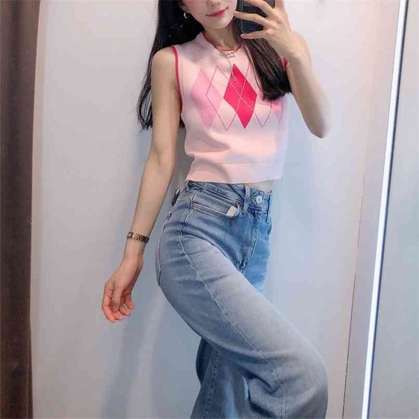 spring and autumn women's casual diamond pattern round neck sleeveless short knitted vest 210430, White;black