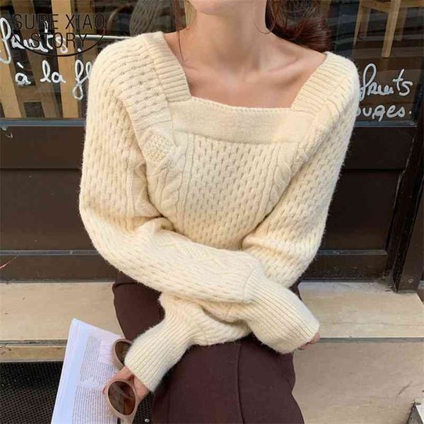 fashion autumn winter women knitted sweater slim pullover elegant square collar twist solid loose pull femme 11121 210421, White;black
fashion autumn winter women knitted sweater slim pullover elegant square collar twist solid loose pull femme 11121 210421, White;black