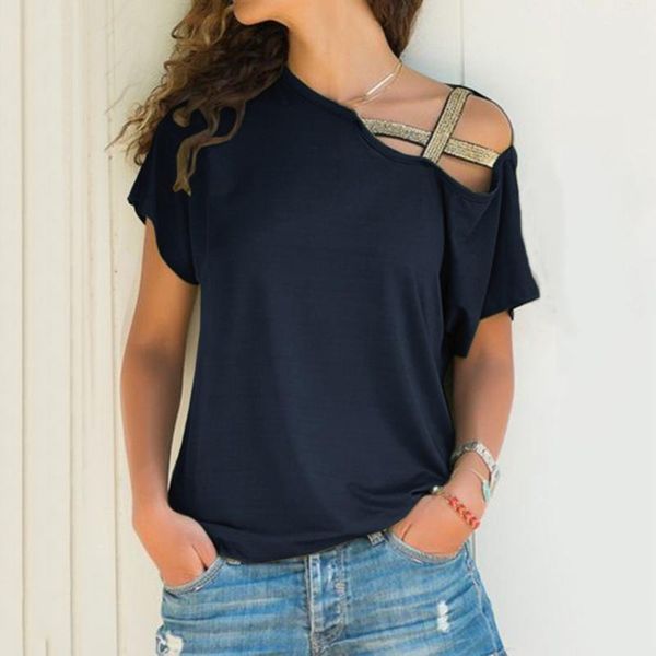 women's t-shirt casual irregular collar loose summer short sleeve oblique shoulder cross slim, White
women's t-shirt casual irregular collar loose summer short sleeve oblique shoulder cross slim, White
