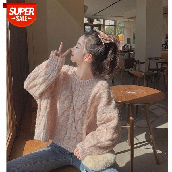 light pink mixed color round neck twist sweater korean loose temperament short outer jacket women #kg1a, White
light pink mixed color round neck twist sweater korean loose temperament short outer jacket women #kg1a, White