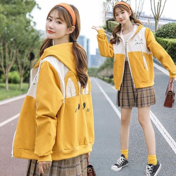 women's jackets cute ear hooded splicing color female sweatshirt spring autumn hoodie streetwear women loose casual winter korean style, Black;brown
women's jackets cute ear hooded splicing color female sweatshirt spring autumn hoodie streetwear women loose casual winter korean style, Black;brown