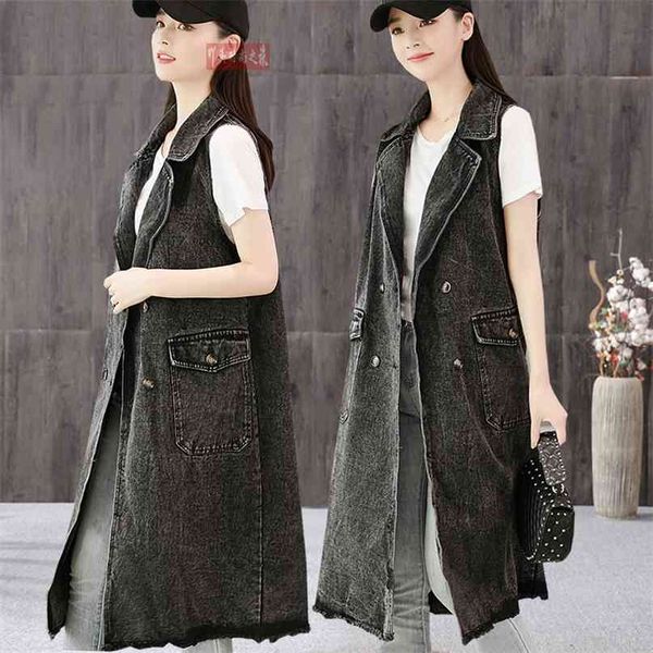 large pockets suit collar long denim plus size vest women black fashionable sleeveless jacket female 210915, Black;white
large pockets suit collar long denim plus size vest women black fashionable sleeveless jacket female 210915, Black;white