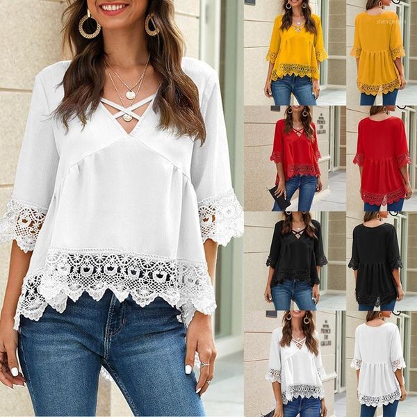 women's blouses & shirts fashion summer five-point sleeve lace open loose top, White
women's blouses & shirts fashion summer five-point sleeve lace open loose top, White