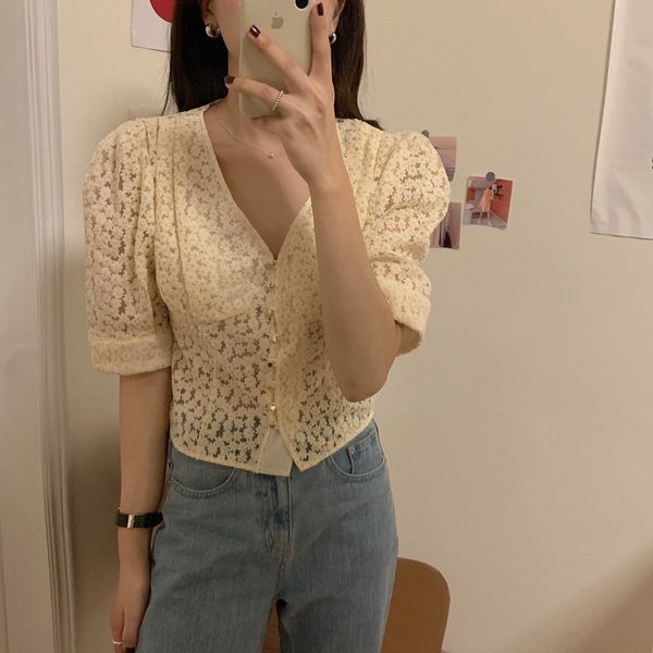 dress retro see-through fairy short slim v-neck summer chic lace hook flower bubble sleeve shirts, White
dress retro see-through fairy short slim v-neck summer chic lace hook flower bubble sleeve shirts, White