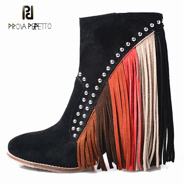 boots prova perfetto fashion mixed color fringe rivet decor ankle boot women suede tassel high heel short zapatos mujer, Black
boots prova perfetto fashion mixed color fringe rivet decor ankle boot women suede tassel high heel short zapatos mujer, Black