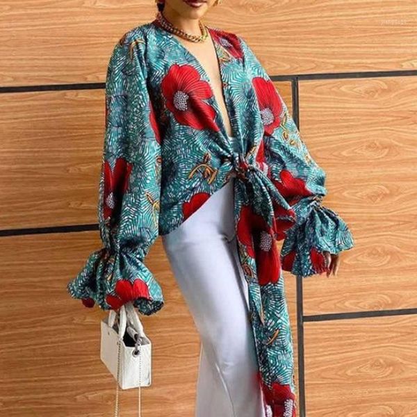 women's blouses & shirts women summer long sleeve shirt deep v trumpet bandage printed loose casual all-match large size, White
women's blouses & shirts women summer long sleeve shirt deep v trumpet bandage printed loose casual all-match large size, White