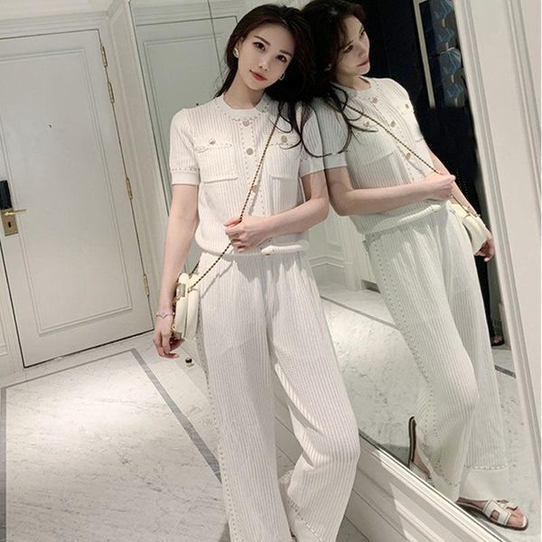 women's two piece pants casual fashion summer suit women's slimming ice silk knitted short sleeve wide-legged two-piece, White
women's two piece pants casual fashion summer suit women's slimming ice silk knitted short sleeve wide-legged two-piece, White