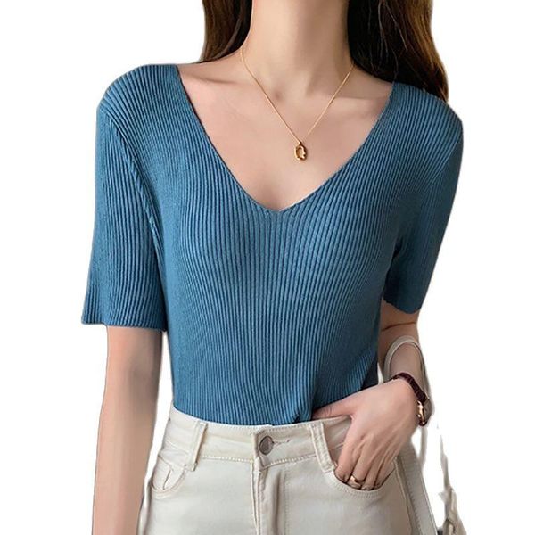 women's t-shirt casual v-neck thin t shirt women pullovers 2021 summer short sleeve knitted high elastic fashion femme, White
women's t-shirt casual v-neck thin t shirt women pullovers 2021 summer short sleeve knitted high elastic fashion femme, White