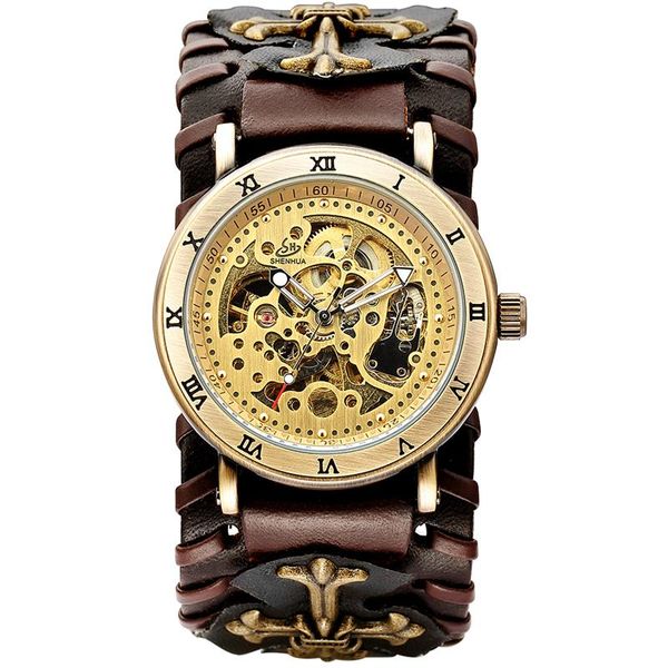 fashion antique skeleton dial men mechanical watch retro gothic clock steampunk self winding tourbillon watches reloj hombre wristwatches, Slivery;brown
fashion antique skeleton dial men mechanical watch retro gothic clock steampunk self winding tourbillon watches reloj hombre wristwatches, Slivery;brown