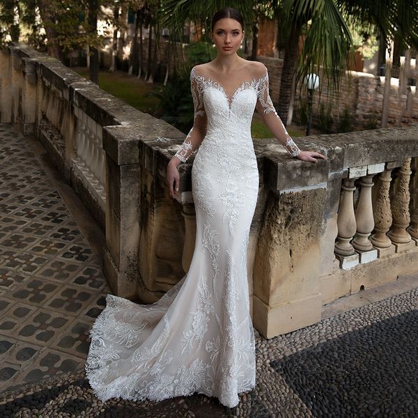 mermaid wedding dresses elegant embroidery lace bridal dresses v-neck long sleeve sweep train with crystal, White
mermaid wedding dresses elegant embroidery lace bridal dresses v-neck long sleeve sweep train with crystal, White