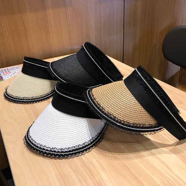 korean style trendy casual all match diamond studded lace straw hat designer sun hats women summer fashion 2021 foldable empty cap wholesale, Blue;gray 
korean style trendy casual all match diamond studded lace straw hat designer sun hats women summer fashion 2021 foldable empty cap wholesale, Blue;gray