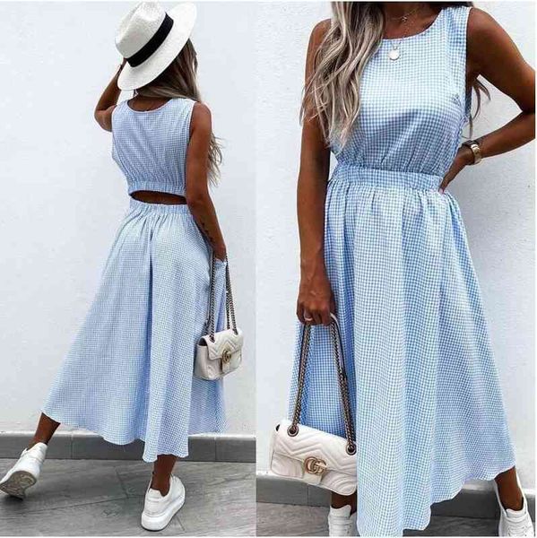 spring summer o neck sleeveless tank dress back hollow out pocket long dress women elegant plaid print lady party, Black;gray
spring summer o neck sleeveless tank dress back hollow out pocket long dress women elegant plaid print lady party, Black;gray