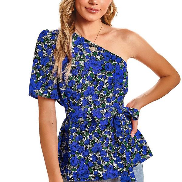 women's blouses & shirts fashion design floral print blouse short sleeve irregular skew collar lady elegant lace up backless tee, White
women's blouses & shirts fashion design floral print blouse short sleeve irregular skew collar lady elegant lace up backless tee, White