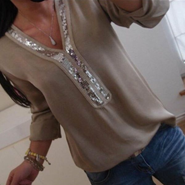 women shirt plus size v neck chiffon long sleeve blouse casual loose sequin top, White
women shirt plus size v neck chiffon long sleeve blouse casual loose sequin top, White