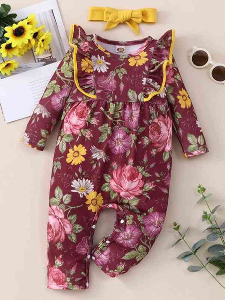 baby floral print contrast binding ruffle trim jumpsuit & headband she, Blue 
baby floral print contrast binding ruffle trim jumpsuit & headband she, Blue