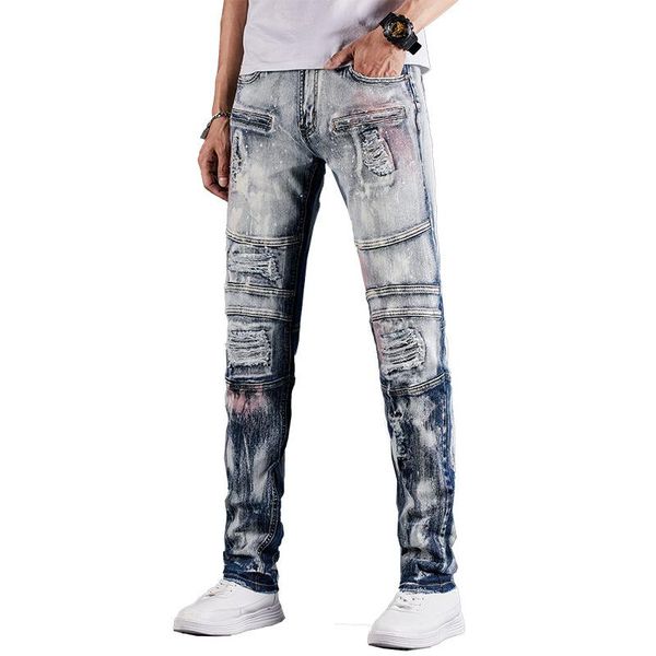 men's male patchwork ripped biker jeans vintage holes distressed slim straight stretch denim pants painted trousers 1932, Blue
men's male patchwork ripped biker jeans vintage holes distressed slim straight stretch denim pants painted trousers 1932, Blue