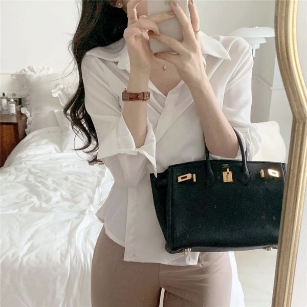 women korean style french blouse summer loose slimming blusas all-match polo collar elegant solid colour long sleeve shirt, White
women korean style french blouse summer loose slimming blusas all-match polo collar elegant solid colour long sleeve shirt, White