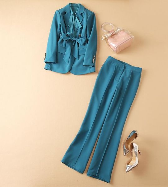 women's two piece pants set 2021 autumn winter work ladies bow collar blue shirt+belted blazer coats+full length pant sets, White
women's two piece pants set 2021 autumn winter work ladies bow collar blue shirt+belted blazer coats+full length pant sets, White