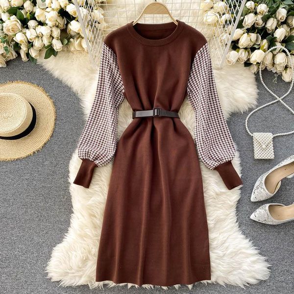 casual dresses lady fashion korean retro long sleeve stitching round neck slim dress women's autumn and winter clothes vestidos q054, Black;gray 
casual dresses lady fashion korean retro long sleeve stitching round neck slim dress women's autumn and winter clothes vestidos q054, Black;gray