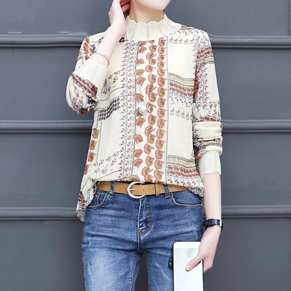 women's blouses & shirts vintage print chiffon women long sleeve spring summer o neck female slim fashion, White
women's blouses & shirts vintage print chiffon women long sleeve spring summer o neck female slim fashion, White