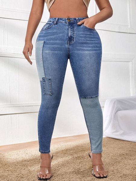 high waist colorblock patched skinny jeans n3b8#, Blue
high waist colorblock patched skinny jeans n3b8#, Blue