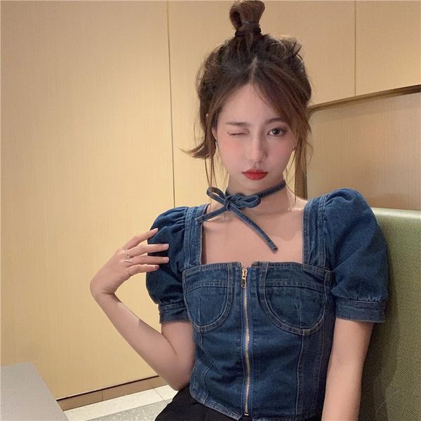women's blouses & shirts summer chic streetwear crop korean puff sleeve square collar zipper denim blouse harajuku lacing bow backl, White
women's blouses & shirts summer chic streetwear crop korean puff sleeve square collar zipper denim blouse harajuku lacing bow backl, White