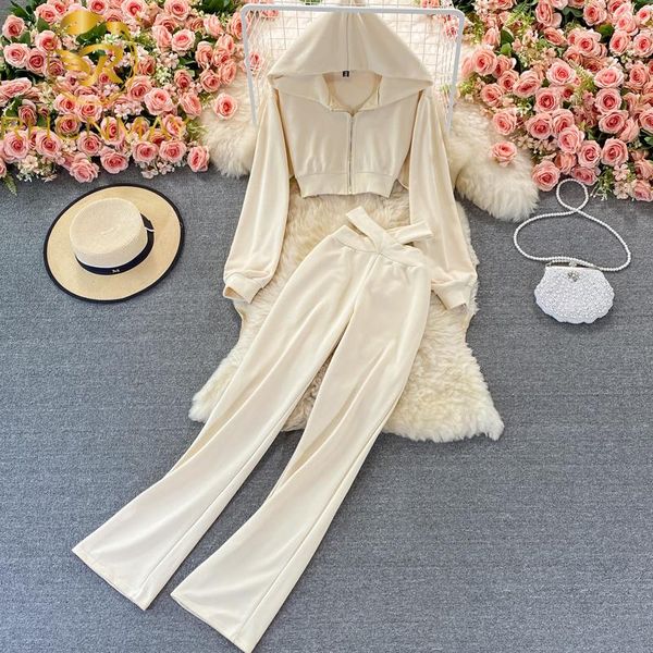 women's two piece pants 2piece suits women 2021 autumn casual elegant hooded zipper short cardigan coat + cross waist who design long s, White
women's two piece pants 2piece suits women 2021 autumn casual elegant hooded zipper short cardigan coat + cross waist who design long s, White