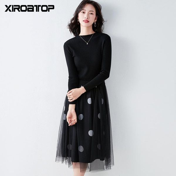 autumn winter elegant dress fashion women long sleeve polka dot stitching black knitted office one-piece sweater casual dresses, Black;gray
autumn winter elegant dress fashion women long sleeve polka dot stitching black knitted office one-piece sweater casual dresses, Black;gray