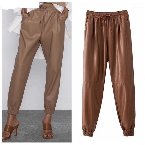 women brown pu leather harm pants bow stretch waist female 2021 high street trousers women's & capris, Black;white
women brown pu leather harm pants bow stretch waist female 2021 high street trousers women's & capris, Black;white