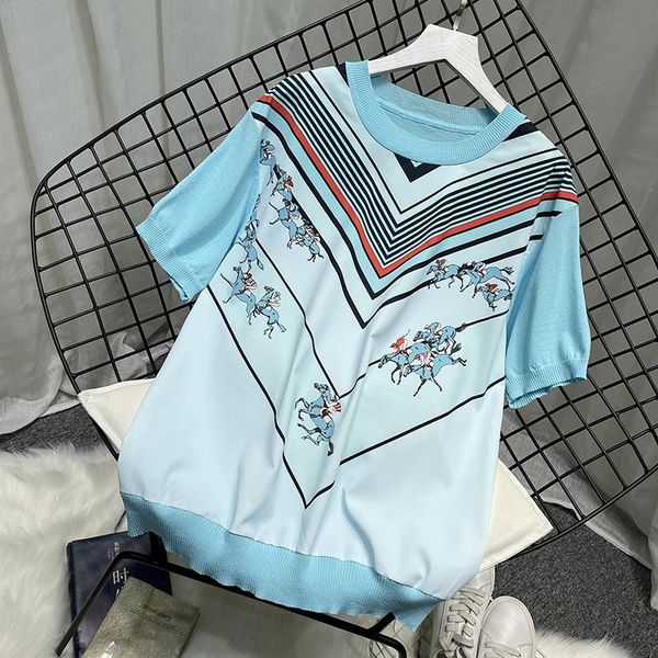 women's t-shirt summer knitted for women patchwork short sleeves clothes mother's knitting top, White
women's t-shirt summer knitted for women patchwork short sleeves clothes mother's knitting top, White