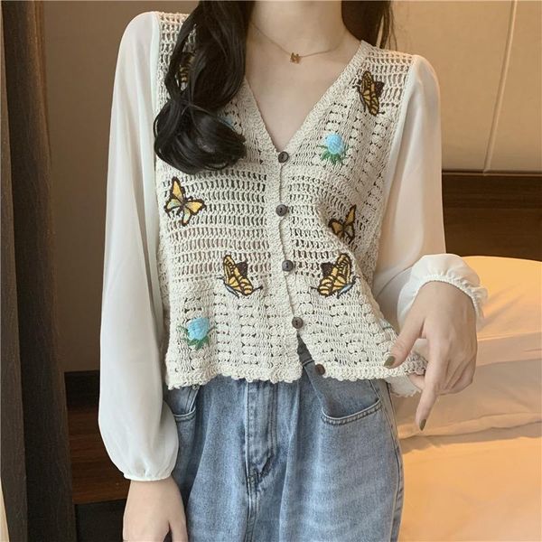women's blouses & shirts 2021 spring design square collar butterfly knitted stitching hollow loose long-sleeved blouse clothing, White
women's blouses & shirts 2021 spring design square collar butterfly knitted stitching hollow loose long-sleeved blouse clothing, White